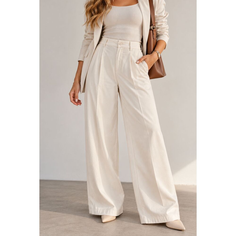 Mango Cream Wide Leg Trousers Womens 30/28 NWOT High Waist Pleated Pants